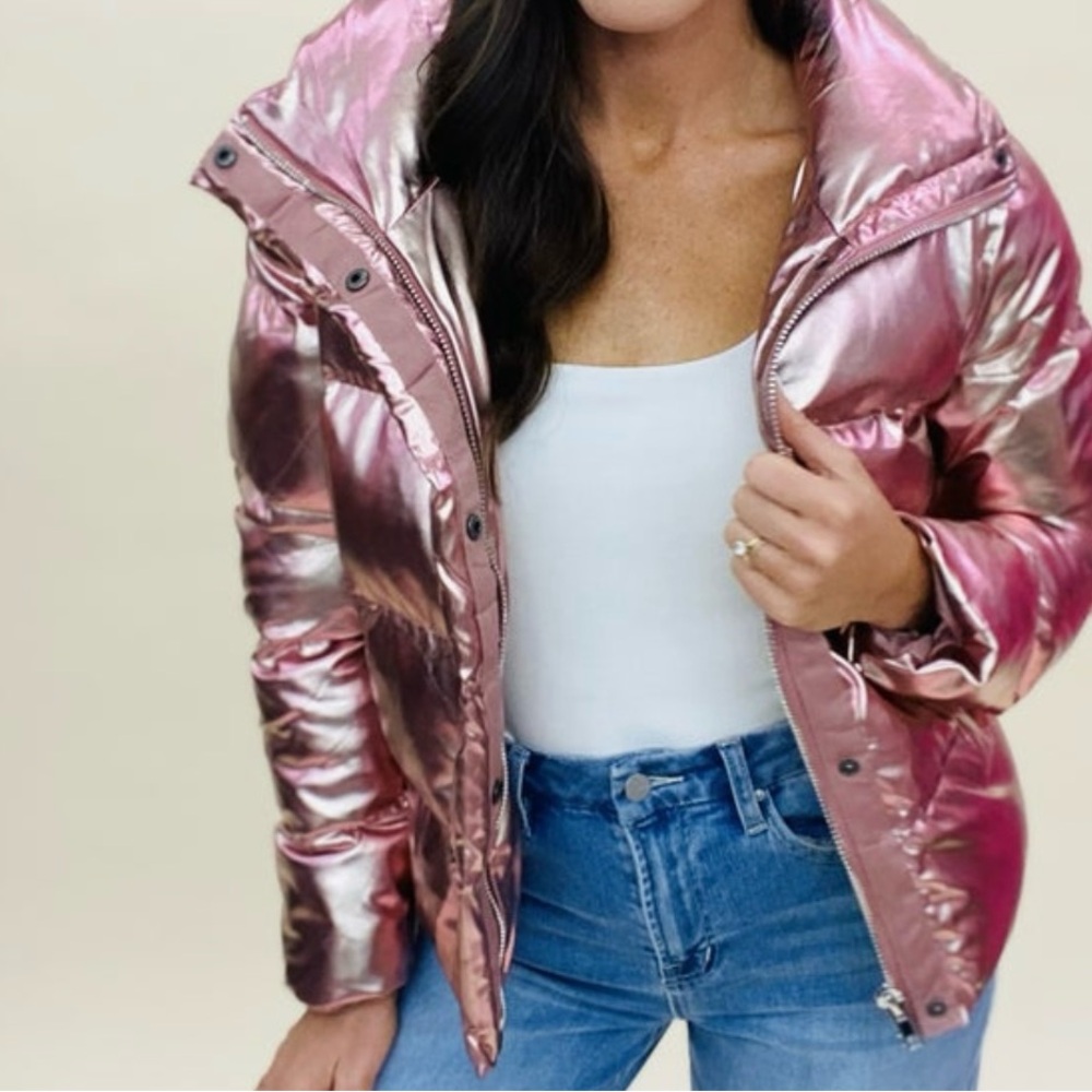 NWT metallic pink puffer jacket sz S
